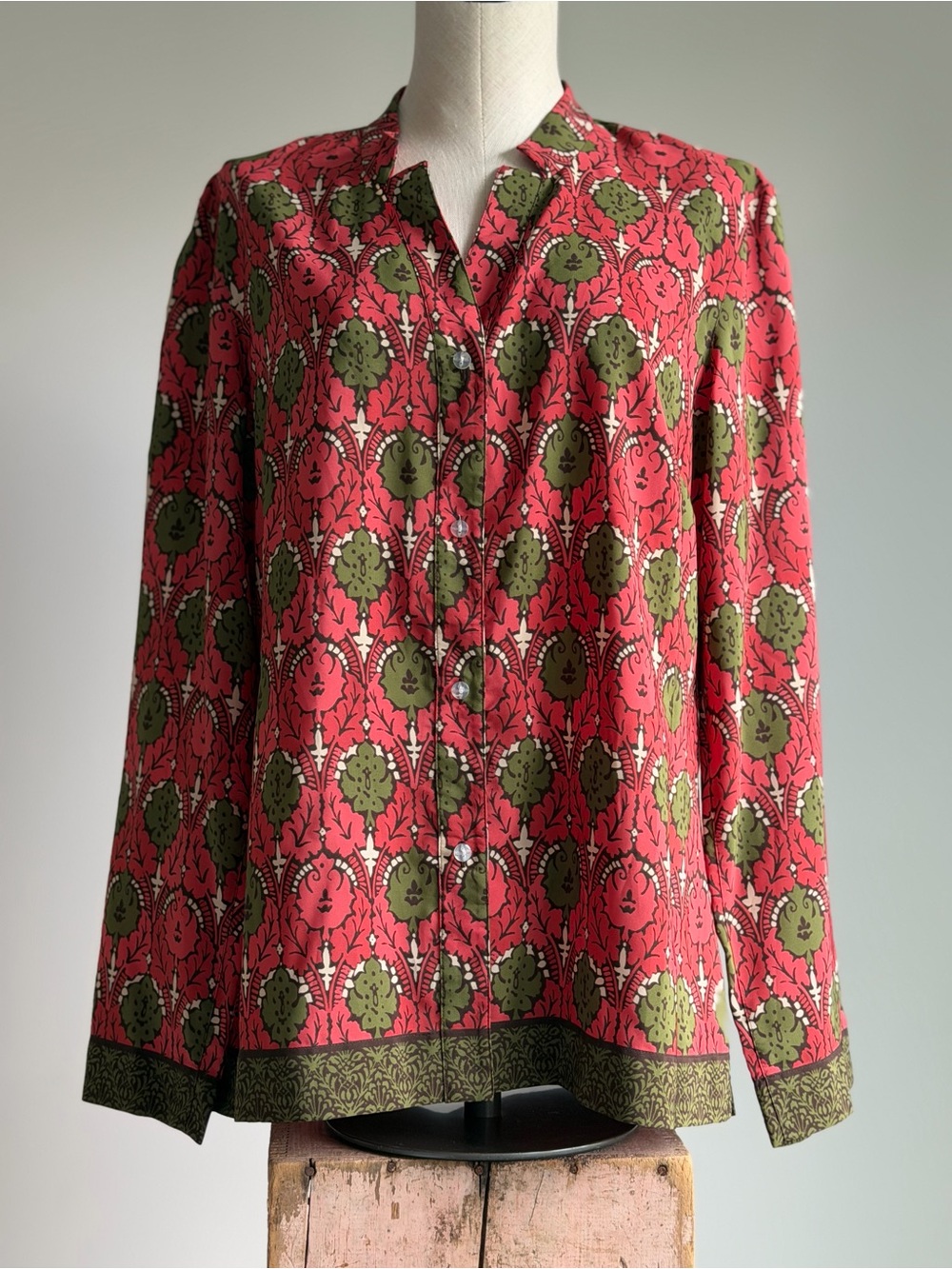 Printed Button-Front Blazer Jacket in Red & Olive